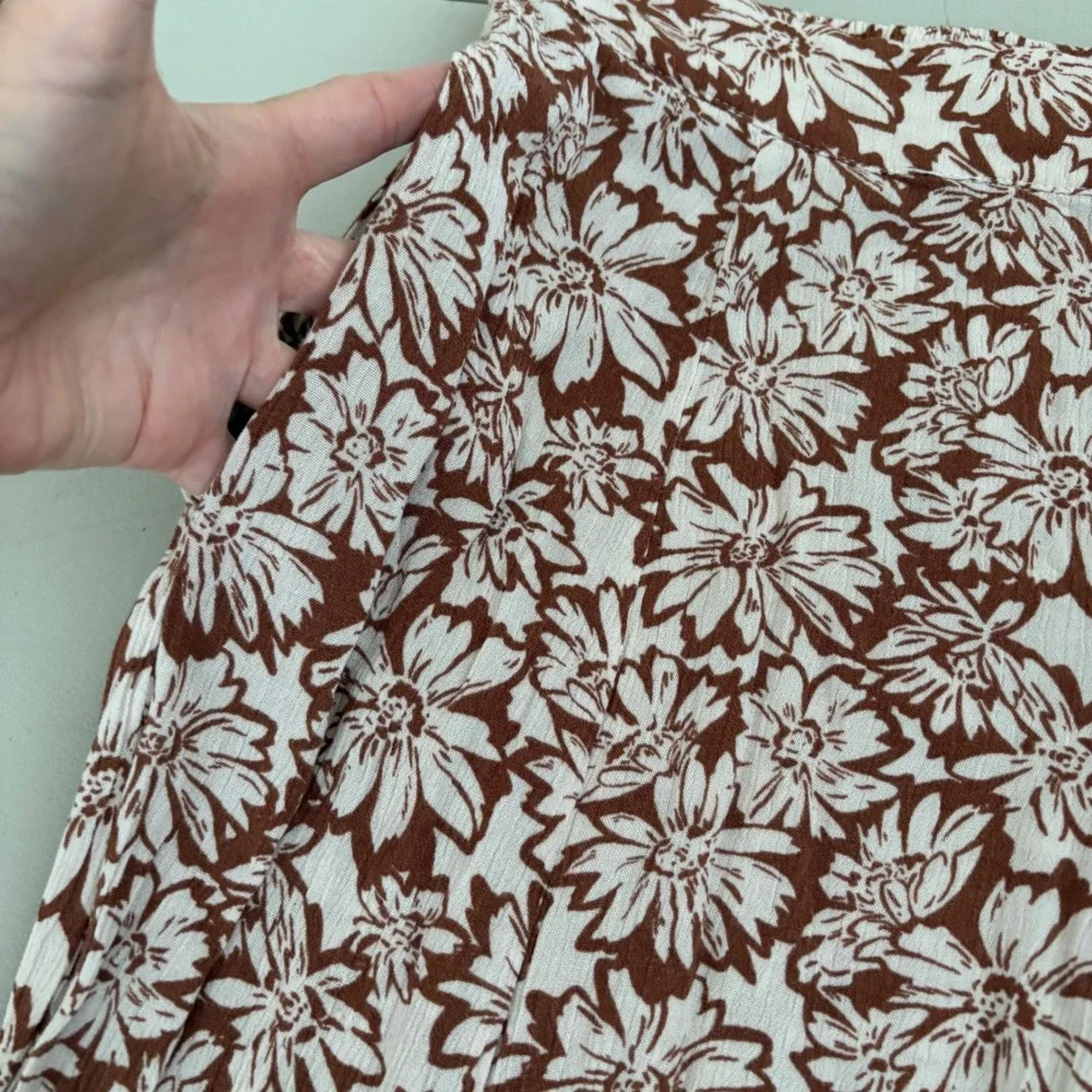 Becool Brown White Floral Wide Leg Pants‎ Womens Large High Rise Rayon Boho